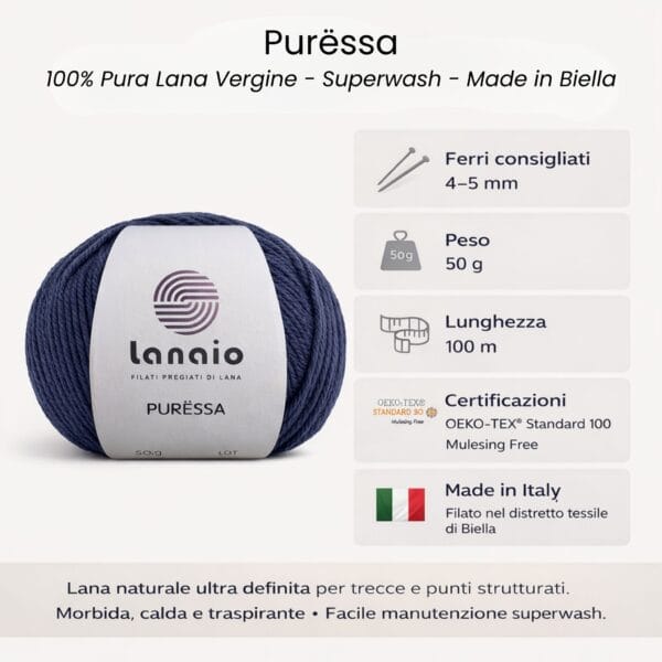 caratteristiche pura lana vergine Purëssa Lanaio caratteristiche gomitolo di pura lana vergine irrestringibile puressa lanaio certificata oekotex e mulesing free ideale per lavori a maglia ai ferri e uncinetto per maglie, sciarpe e copertine neonato