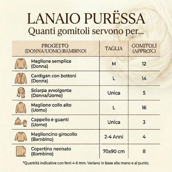 quanti gomitoli di lana puressa servono tabella della quantità di gomitoli di pura lana vergine puressa di lanaio servono per realizzare una maglia, una sciarpa, una copertina neonato ai ferri e uncinetto e con lavoro a maglia