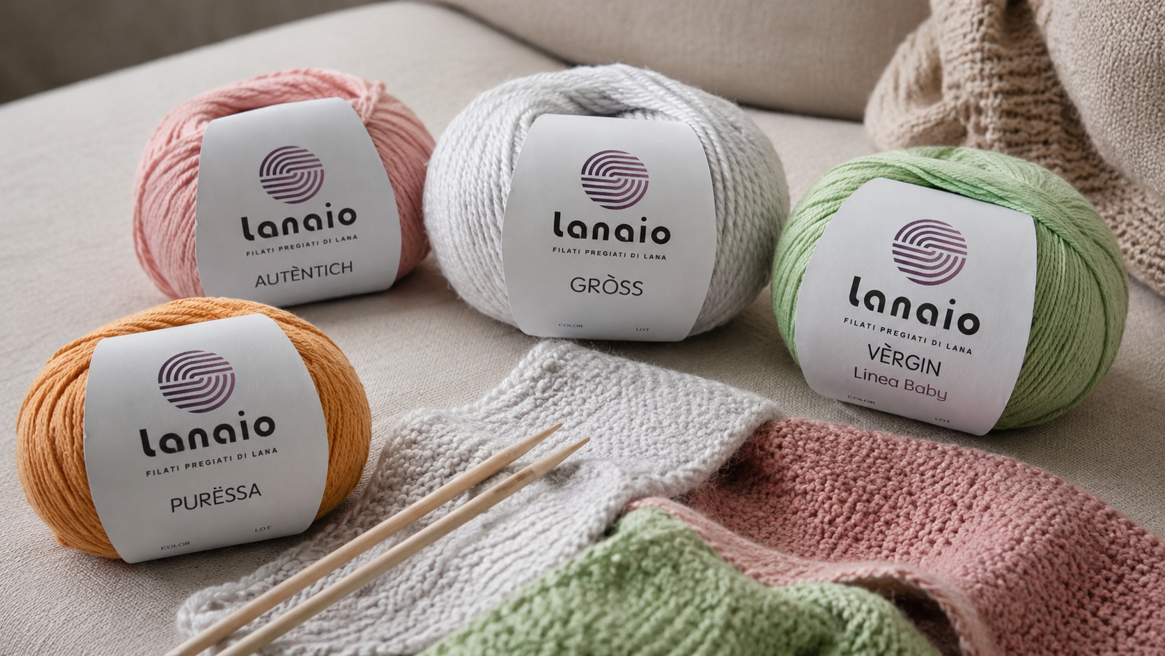 Gomitoli Lanaio in pura lana vergine Purëssa, Gròss, Autèntich e Vèrgin con lavori a maglia